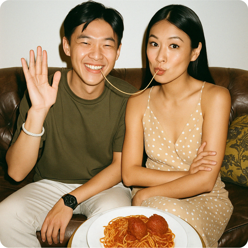 Smiling couple sitting on a couch with a plate of pasta